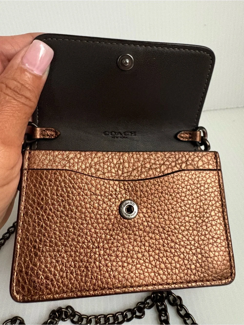 Coach Half Flap card Case Crossbody Bag Pewter Metallic Bronze Chain Strap NWOT